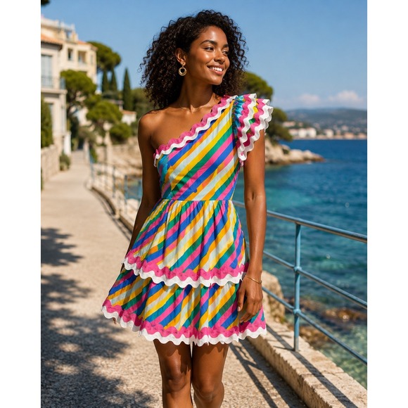 Sugarlips Dresses & Skirts - Sugarlips Womens One Shoulder Tiered Ruffle‎ Mini Dress Multi Stripe XS NWT
